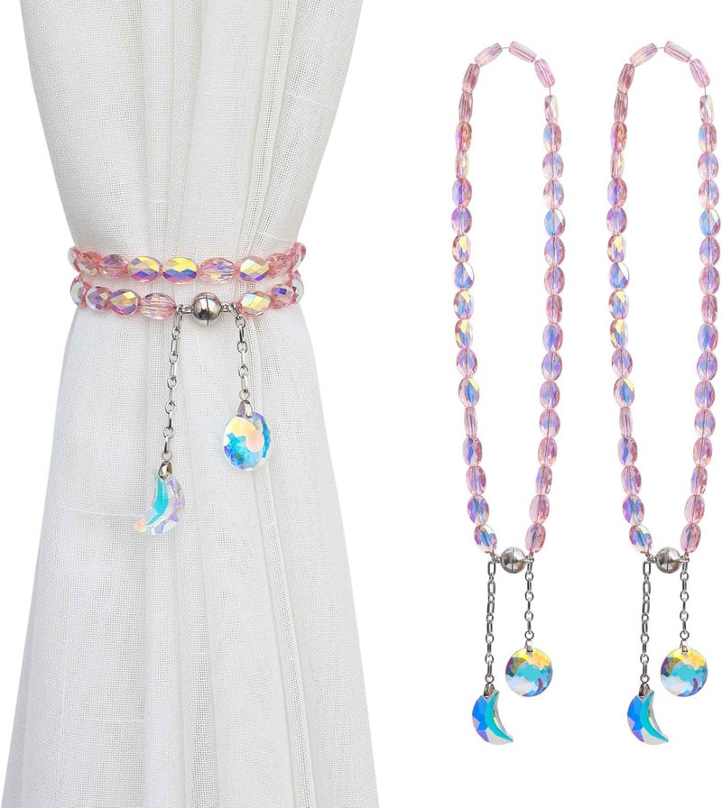 Pedobo Magnetic Curtain Tiebacks, 2 Pack Crystal Beaded Sun & Moon Pendants Sheers/Draperies Holdbacks for Window Home Office Decor (Pink) - Image 1